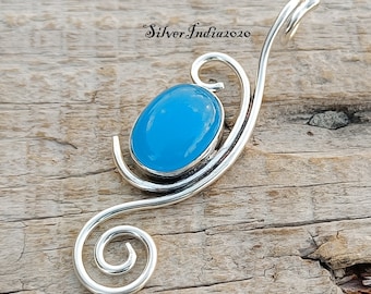 Aqua Chalcedony 925 Sterling Silver Pendant - Handmade Boho Jewelry