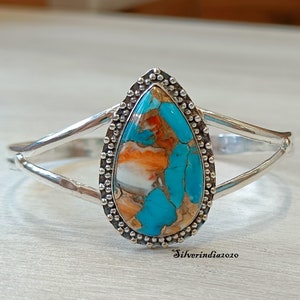 Oyster Turquoise Sterling Silver Bangle: Pear Stone Gemstone