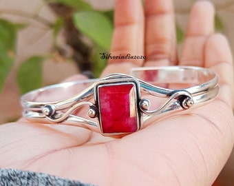 Handmade Ruby Bangle: Adjustable 925 Sterling Silver Gemstone Bangle