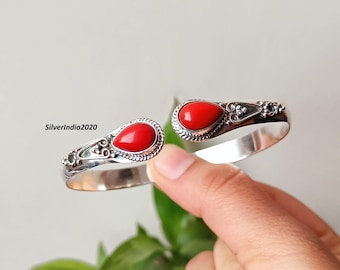 Sterling Silver Red Coral Open Cuff Bangle, Vintage Boho Bracelet For Women