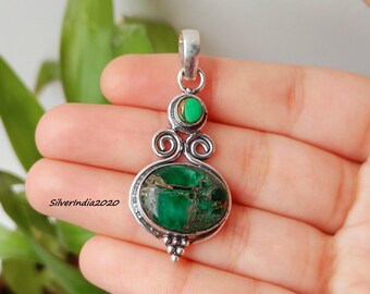 Handmade Green Copper Turquoise 925 Sterling Silver Pendant