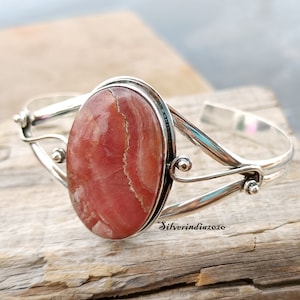 Rhodochrosite Bangle: Handmade 925 Sterling Silver Adjustable Cuff