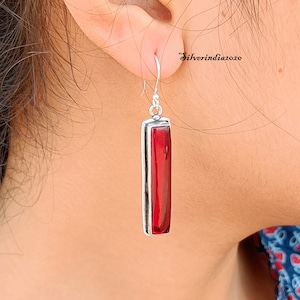 Red Garnet Sterling Silver Dangle Earrings: Long Dainty Design