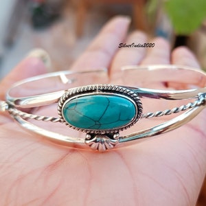 Handmade Copper Turquoise Bangle: Adjustable 925 Sterling Silver Gemstone Bracelet