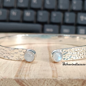 Handmade Hammered Moonstone Bangle: 925 Sterling Silver