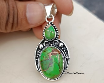 Handmade Green Copper Turquoise Pendant: 925 Sterling Silver