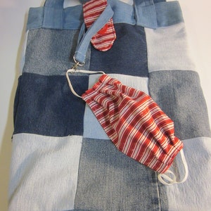 Reusable Fabric Carry-all Bag   Oversized!   Wrist Lanyard   Free Face Mask   Blue Jean Patchwork   It&#39;s BIG!  Laptop  Office Supplies
