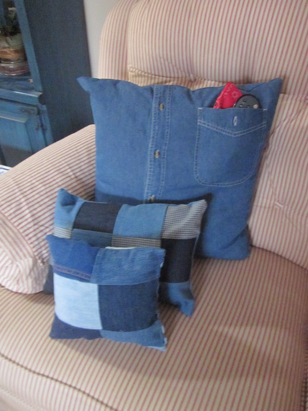Pillows 3 Denim Decorative Throw Pillows TV Remote Pocket Etsy.de