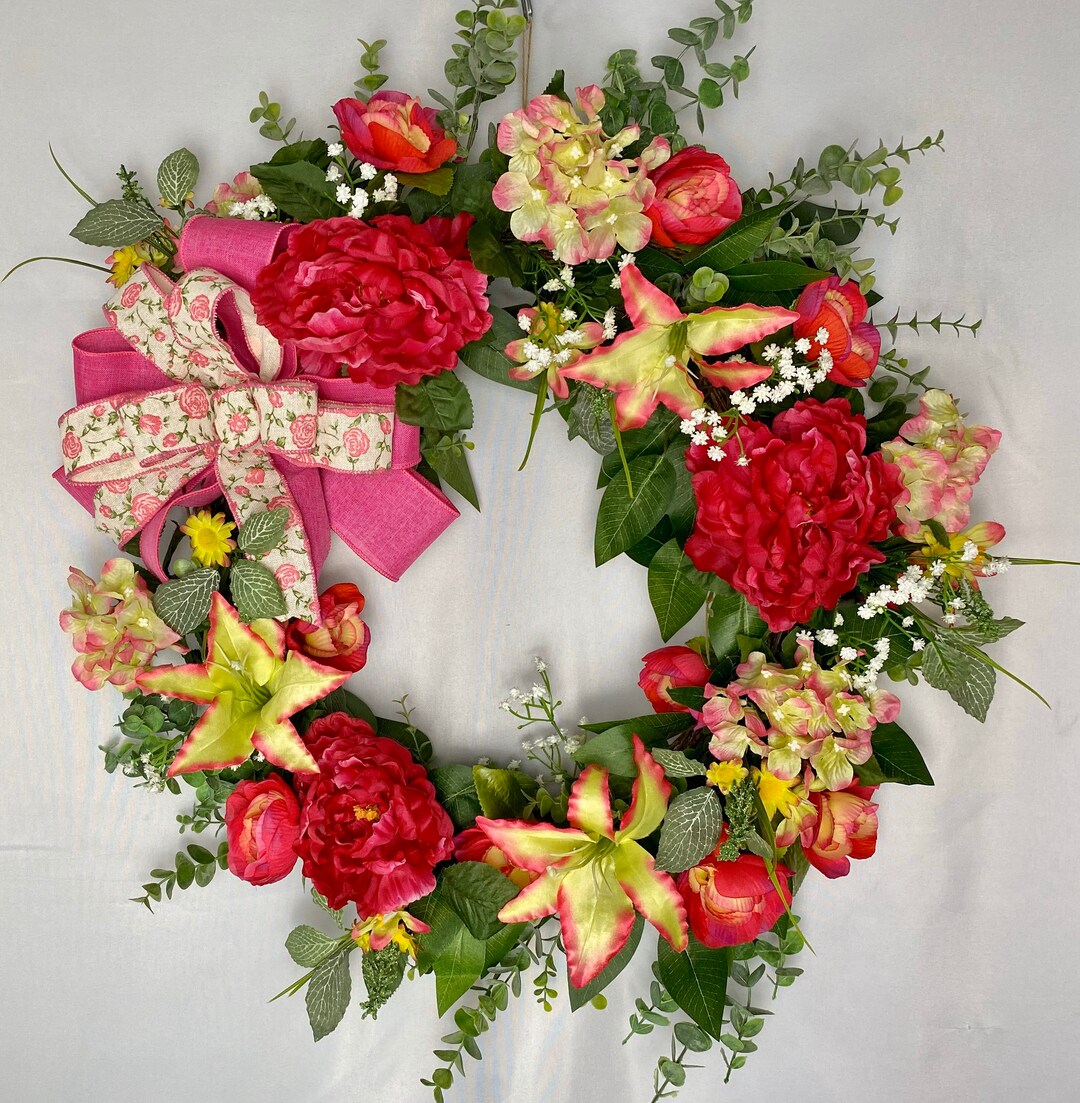 Hot Pink Summer Grapevine Wreath With Bow, Floral Grapevine Wreath ...