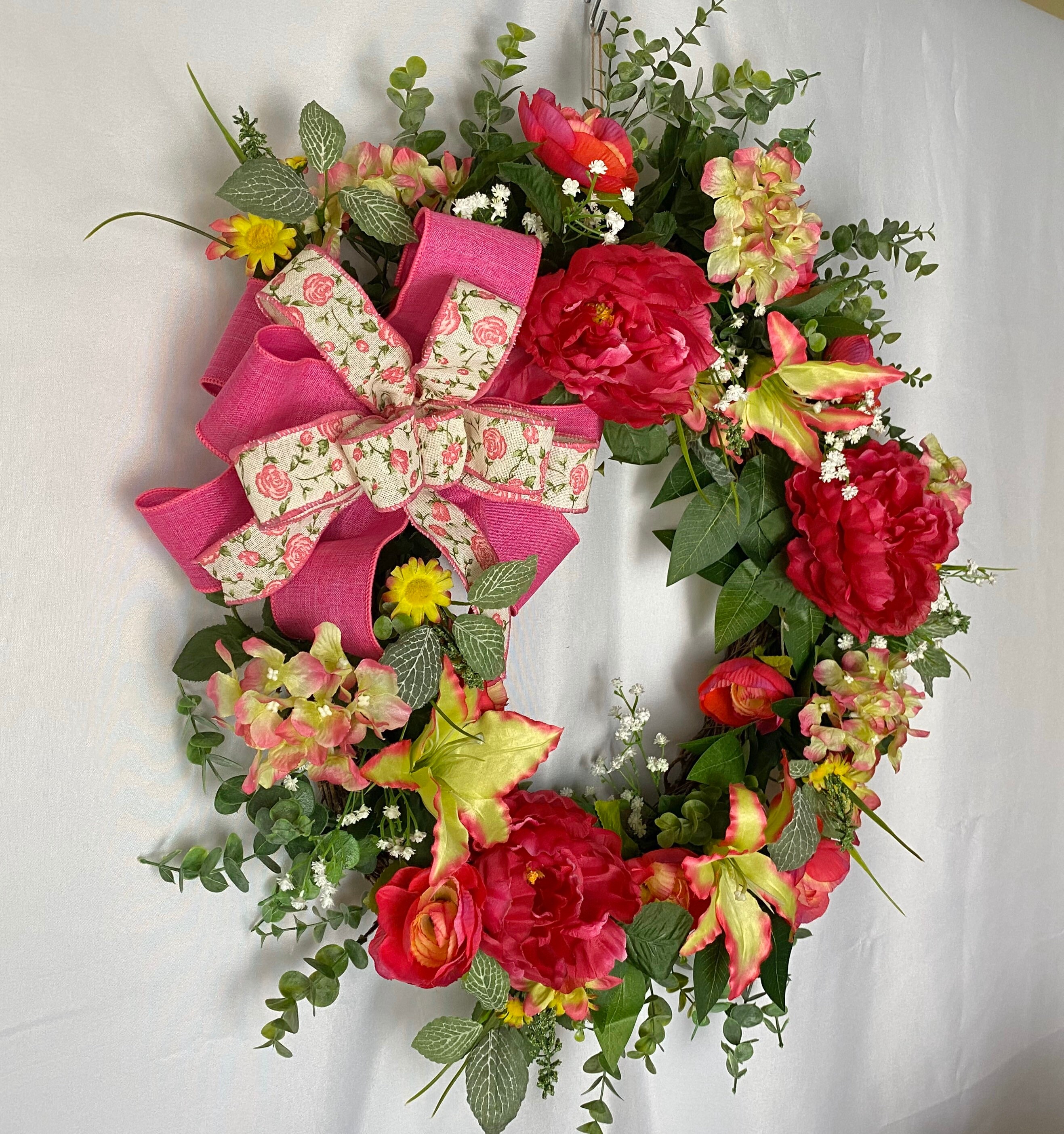 Hot pink summer grapevine wreath with bow, floral grapevine wreath ...