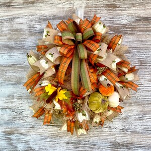 Fall pumpkin wreath, white pumpkin wreath, autumn pumpkin wreath, fall deco mesh wreath