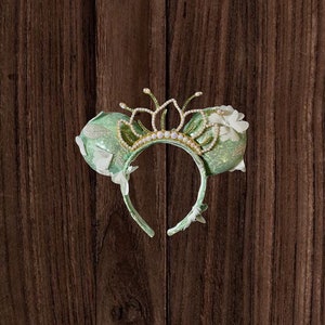 Floral Frog Princess Mickey Ears, Tiana Tiara, Rhinestone Pearls