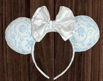 Light Blue Floral Mouse Ears Headband, Vintage Fabric Bow  display picture 3