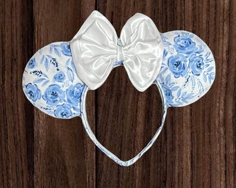 Watercolor Roses Mickey Ears, Floral Mickey Ears, Blue Mickey Ears, Blue Floral Mickey Ears, vintage Mickey Ears