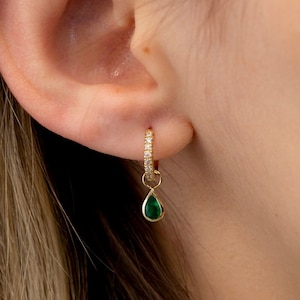 14K Pear Shape Emerald Earring Charm, Huggies Earrings, Bezel Set Gem, Dangly Charm Hoops, May Birthstone Jewelry, Genuine Handmade, Malia