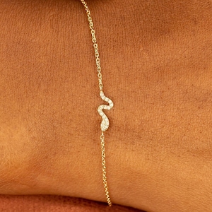 14k Diamond Snake Bracelet, Solid Gold Small Diamond Bracelet, Mini Snake Gift Bracelet, Dainty Stacking Bracelet, Natural Diamond, Serpe