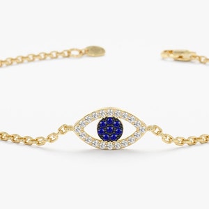 Diamond Evil Eye Bracelet, 14k Gold Evil Eye Bracelet, Diamond Lucky Eye Bracelet, Good Luck Charm, 14K White, Yellow, Rose Gold, Lucille