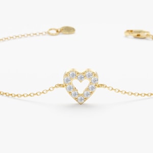 14k Gold Small Diamond Heart Bracelet, Cute Diamond Heart Bracelet, Dainty Diamond Bracelet, Birthday Gift, Minimalist Bracelet, Penelope