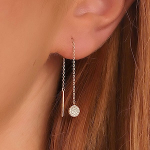 Pave Diamond Threader Earrings, 14k Solid Gold Chain Earrings, Dangly Pave Disc Jewelry, Delicate Wedding Threader Earrings, Kamala