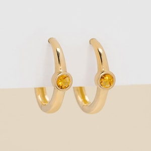 14k Solid Gold Huggies with Citrine, Small Gold Hoops, Gold Huggy, Citrine Hoop Earrings, Gemstone Earrings, Birthstone Earrings, Nina