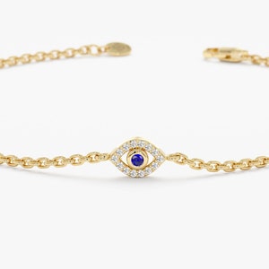 Mini Diamond Evil Eye Bracelet, Solid Gold Diamond Lucky Eye Bracelet, Small Evil Eye Charm, 14K White Gold, Yellow Gold, Rose Gold, Lucille