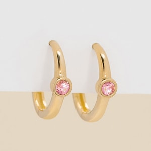 14k Solid Gold Huggies with Pink Tourmaline, Plain Gold Hoops, Gold Tourmaline Hoop Earrings, Single Bezel Huggy, October Birthstone, Nina