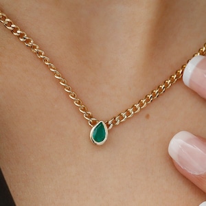 14k Gold Emerald Necklace, Cuban Chain Choker, Trendy Curb Link Design, Pear Shape Natural Emerald, May Birthstone, Birthday Gift, Palmer