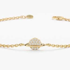 14k Gold Diamond Saturn Bracelet, Astrology Bracelet, Minimalist Design, Celestial Bracelet, Gift for Friend, Planet Charm, Michelle