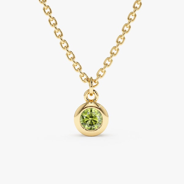 14k Gold Peridot Necklace, Birthstone Necklace, Gemstone Pendant, Bezel Setting, 14K White, Rose, Yellow, Birthday Gift, August, Vienna