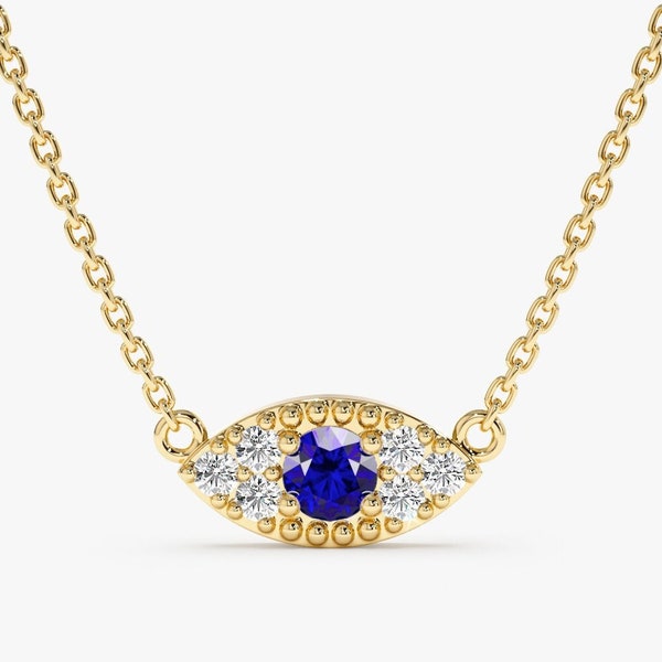 14K Gold Evil Eye Necklace, Natural Diamond and Sapphire Evil Eye Necklace, Protection Jewelry, Blue Sapphire Evil Eye, Spiritual, Margaret