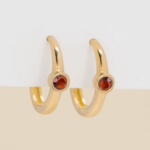 14k Gold Garnet Huggies, Small Gold Hoops, Plain Gold Garnet Hoop, Bezel Gemstone Huggy, Solid Gold Bezel Hoop, January Birthstone, Nina image 1