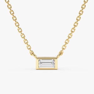 14k Solid Gold Baguette Diamond Necklace, Natural Diamond Solitaire Necklace, Small Gold Diamond Choker, White, Rose, Yellow Gold, Gianna