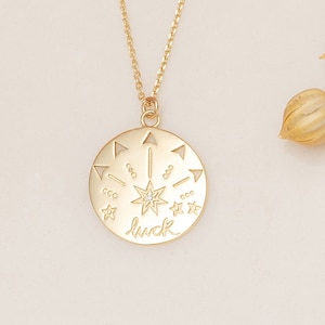 Solid Gold Lucky Pendant, Good Luck Charm, Plain Gold Fortunate Necklace, Diamond Luck Necklace, Lucky Coin Chain, Engravable Back, Fortuna