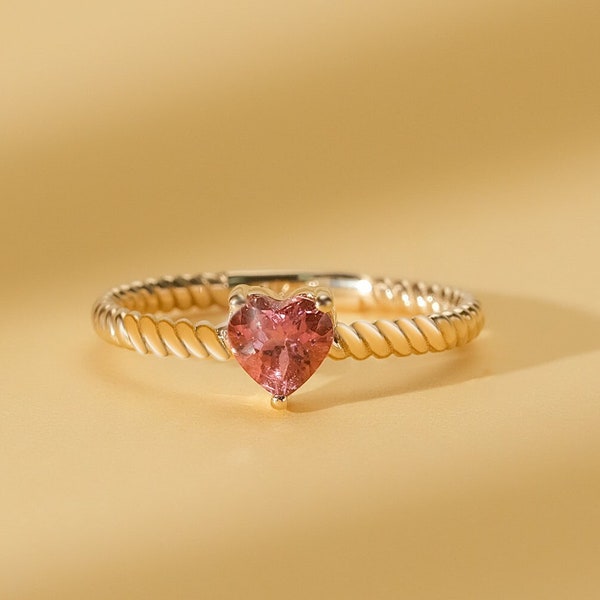 Pink Tourmaline Ring, Heart Shape Stone, 14K or 18k Solid Gold Braided Band, Birthday Gift, Genuine Gemstone, Solitaire Twisted Ring, Ashly