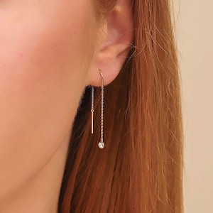 Diamond Threader Earrings, 14k Solid Gold Chain Earrings, Dangly Solitaire Diamond Jewelry, Delicate Bridal Threader Earrings, Kamala