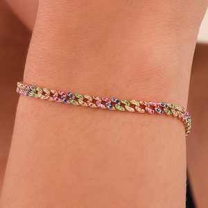 Dainty Rainbow Cuban Chain Bracelet, 14k or 18k Solid Gold Rainbow Sapphire Bracelet, 3mm Colorful Chain, Pave Curb Chain Bracelet, Sonya