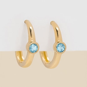 14k Aquamarine Earrings, Solid Gold Hoops, Plain Gold Huggies, Gemstone Hoop Earring, Bezel Setting, Small Hoops, March Birthstone, Nina