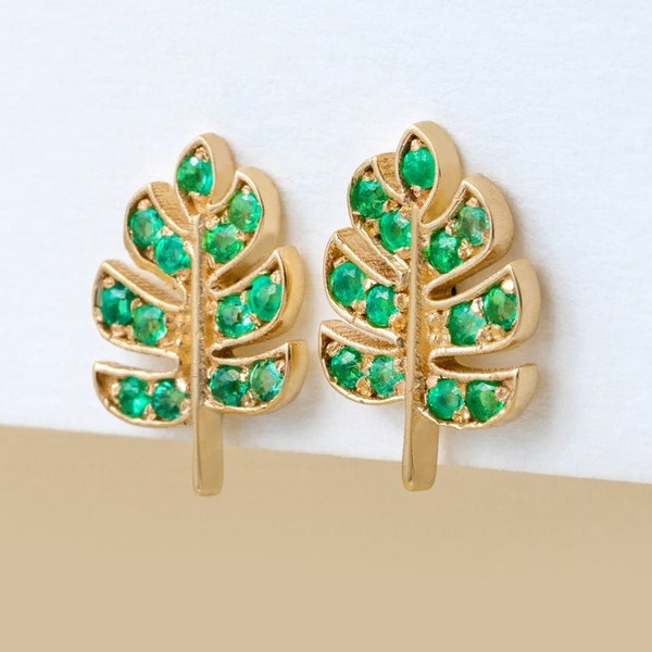 14k Natural Emerald Earrings, Palm Leaf Earrings, Solid Gold Stud Earrings, Emerald Studs, Small Stud Earring, Trending Fine Earrings, Sasha
