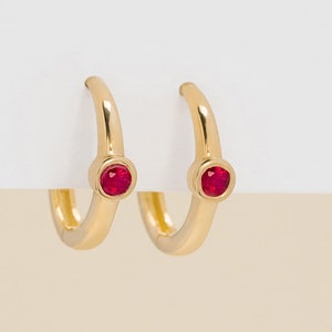 14k Solid Gold Huggies with Rubies, Small Gold Hoops, Gold Ruby Huggy Earrings, Dainty Gold Hoop Earrings, Yellow, White, Rose Gold, Nina