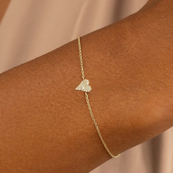 14k Gold Small Diamond Heart Bracelet, Cute Diamond Heart Bracelet, Dainty Diamond Bracelet, Birthday Gift, Minimalist Bracelet, Lily
