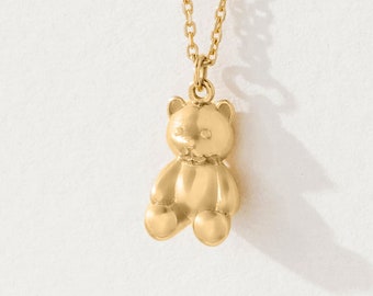 Solid Gold Teddy Bear Necklace, Cute Bear Pendant Necklace, Solid Cute Charm, Gift for Daughter, Gold Gummy Bear Charm, Cuddly Bear, Teddy
