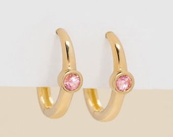 14k Solid Gold Huggies with Pink Tourmaline, Plain Gold Hoops, Gold Tourmaline Hoop Earrings, Single Bezel Huggy, October Birthstone, Nina