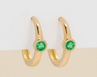 14k Emerald Earrings, Solid Gold Emerald Hoops, Green Emerald Huggies, Dainty Hoop Earrings, Bezel Emerald Huggies, Birthstone for May, Nina