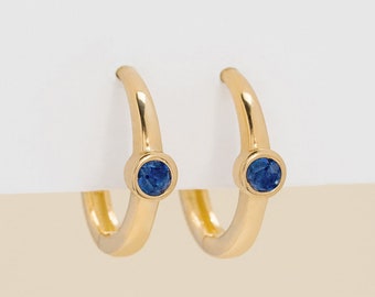 Gold Hoop with Sapphire, Solid Gold Hoops, Gold Blue Sapphire Huggy, Cute Gemstone Earrings, Plain Gold Hoop, September Birthstone, Nina