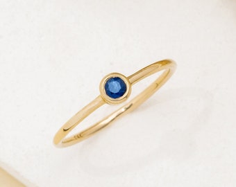 Solid Gold Blue Sapphire Ring, Solitaire Bezel Ring, Natural September Birthstone, Stackable Minimalist Style, Rose, White, Yellow, Vienna