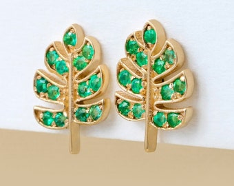 14k Natural Emerald Earrings, Palm Leaf Earrings, Solid Gold Stud Earrings, Emerald Studs, Small Stud Earring, Trending Fine Earrings, Sasha