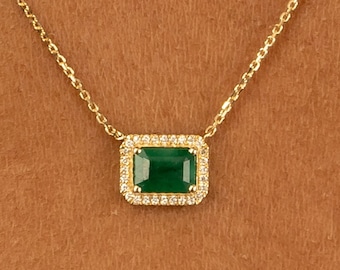 Natural Diamond and Emerald Handmade Gold Necklace, Diamond Emerald Necklace, Solid Gold Necklace, Octagon Cut, Emerald Choker, Juliet