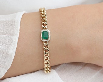 14k Solid Gold Emerald Bracelet, Natural Emerald Bracelet, 14k Emerald Bracelet, Cuban Chain Bracelet, Chunky Diamond Chain Bracelet, Juliet