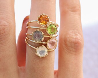 14k Solid Gold Natural Gemstone Ring, Hexagon, Citrine, Peridot, Labradorite, Rose Quartz, Moonstone, Birthstone, Dainty Gold Ring, Anaya