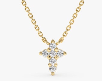 Tiny Diamond Cross Necklace, Solid Gold Cross Charm, Small Christian Pendant, Collar Layering Piece, Natural Diamonds,  Religious Gift,Mercy